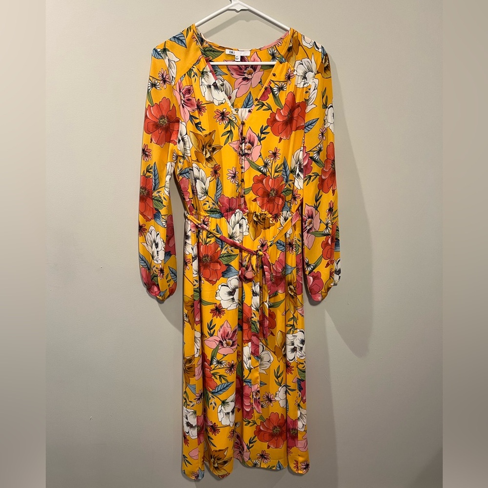 DR2 Yellow Floral Tie Waist Dress Size M